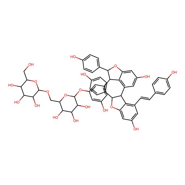 2D Structure of (2R,3S,4S,5R,6R)-2-(hydroxymethyl)-6-[[(2R,3S,4S,5R,6S)-3,4,5-trihydroxy-6-[3-hydroxy-5-[(2R,3S)-6-hydroxy-4-[(2R,3R)-6-hydroxy-2-(4-hydroxyphenyl)-4-[(Z)-2-(4-hydroxyphenyl)ethenyl]-2,3-dihydro-1-benzofuran-3-yl]-2-(4-hydroxyphenyl)-2,3-dihydro-1-benzofuran-3-yl]phenoxy]oxan-2-yl]methoxy]oxane-3,4,5-triol