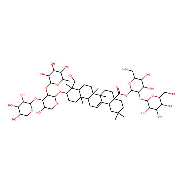 2D Structure of [4,5-Dihydroxy-6-(hydroxymethyl)-3-[3,4,5-trihydroxy-6-(hydroxymethyl)oxan-2-yl]oxyoxan-2-yl] 9-(hydroxymethyl)-10-[5-hydroxy-3-(3,4,5-trihydroxy-6-methyloxan-2-yl)oxy-4-(3,4,5-trihydroxyoxan-2-yl)oxyoxan-2-yl]oxy-2,2,6a,6b,9,12a-hexamethyl-1,3,4,5,6,6a,7,8,8a,10,11,12,13,14b-tetradecahydropicene-4a-carboxylate