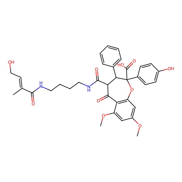 2D Structure of 4-[4-[(4-Hydroxy-2-methylbut-2-enoyl)amino]butylcarbamoyl]-2-(4-hydroxyphenyl)-6,8-dimethoxy-5-oxo-3-phenyl-3,4-dihydro-1-benzoxepine-2-carboxylic acid