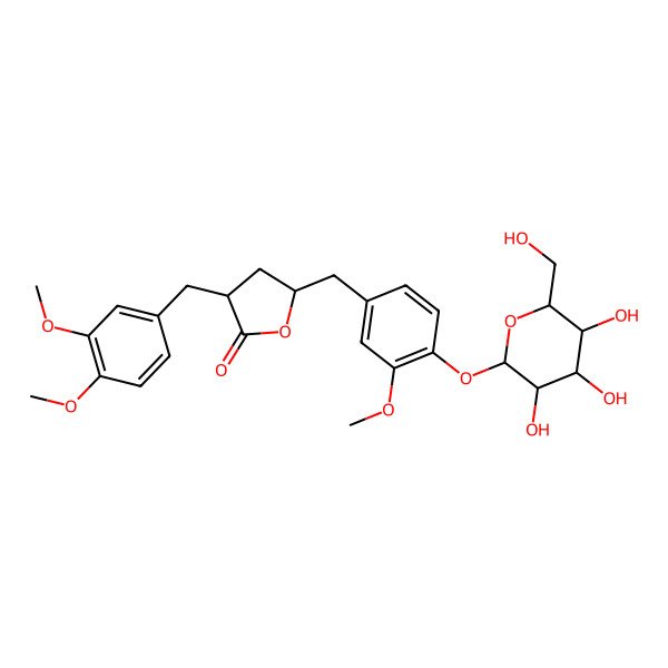 2D Structure of 3-[(3,4-Dimethoxyphenyl)methyl]-5-[[3-methoxy-4-[3,4,5-trihydroxy-6-(hydroxymethyl)oxan-2-yl]oxyphenyl]methyl]oxolan-2-one
