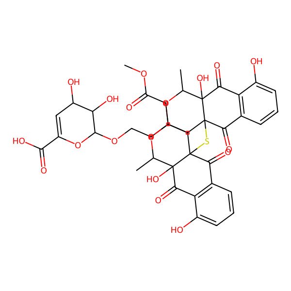 2D Structure of 2-[2-[4a-[[9,10a-dihydroxy-3-(2-methoxy-2-oxoethyl)-1-methyl-5,10-dioxo-3,4-dihydro-1H-benzo[g]isochromen-4a-yl]sulfanyl]-9,10a-dihydroxy-1-methyl-5,10-dioxo-3,4-dihydro-1H-benzo[g]isochromen-3-yl]ethoxy]-3,4-dihydroxy-3,4-dihydro-2H-pyran-6-carboxylic acid