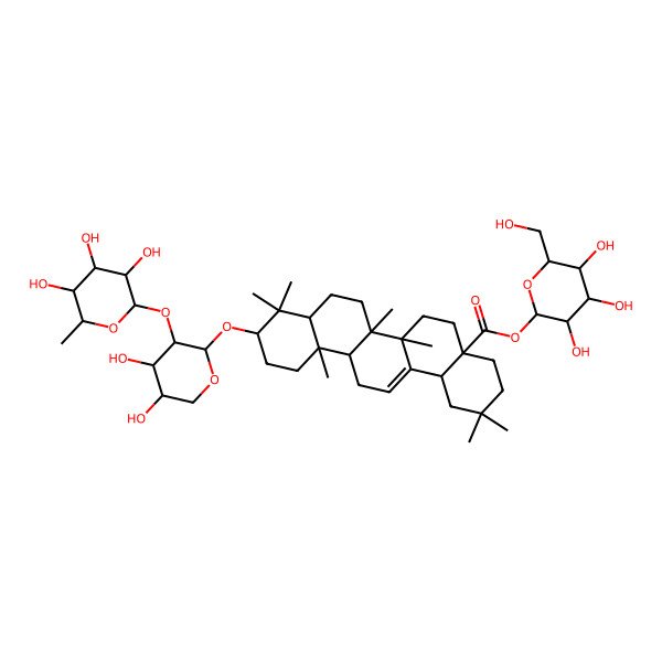 2D Structure of [(2S,3R,4S,5S,6R)-3,4,5-trihydroxy-6-(hydroxymethyl)oxan-2-yl] (4aS,6aR,6aS,6bR,8aR,10S,12aR,14bS)-10-[(2S,3R,4S,5R)-4,5-dihydroxy-3-[(2S,3R,4R,5R,6S)-3,4,5-trihydroxy-6-methyloxan-2-yl]oxyoxan-2-yl]oxy-2,2,6a,6b,9,9,12a-heptamethyl-1,3,4,5,6,6a,7,8,8a,10,11,12,13,14b-tetradecahydropicene-4a-carboxylate