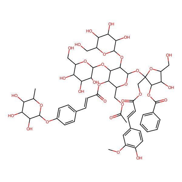2D Structure of [(2S,3S,4R,5R)-2-[(2R,3R,4S,5R,6R)-6-(acetyloxymethyl)-4-[(2S,3R,4S,5S,6R)-3,4,5-trihydroxy-6-(hydroxymethyl)oxan-2-yl]oxy-3-[(2S,3R,4S,5S,6S)-3,4,5-trihydroxy-6-(hydroxymethyl)oxan-2-yl]oxy-5-[(Z)-3-[4-[(2S,3S,4R,5R,6S)-3,4,5-trihydroxy-6-methyloxan-2-yl]oxyphenyl]prop-2-enoyl]oxyoxan-2-yl]oxy-4-hydroxy-2-[[(E)-3-(4-hydroxy-3-methoxyphenyl)prop-2-enoyl]oxymethyl]-5-(hydroxymethyl)oxolan-3-yl] benzoate