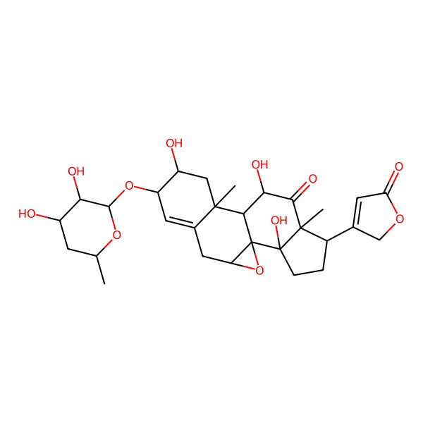 2D Structure of 7-(3,4-dihydroxy-6-methyloxan-2-yl)oxy-8,12,18-trihydroxy-10,14-dimethyl-15-(5-oxo-2H-furan-3-yl)-2-oxapentacyclo[9.7.0.01,3.05,10.014,18]octadec-5-en-13-one