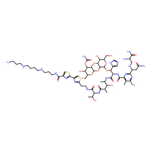 2D Structure of [(2S,3R,4R,5S,6S)-2-[(3R,4R,5R,6R)-2-[(1R,2S)-2-[[6-amino-2-[(1S)-3-amino-1-[(2,3-diamino-3-oxopropyl)amino]-3-oxopropyl]-5-methylpyrimidine-4-carbonyl]amino]-3-[[(2S,3R,4R)-5-[[(2R,3S)-1-[2-[4-[4-[3-[4-(3-aminopropylamino)butylamino]propylcarbamoyl]-1,3-thiazol-2-yl]-1,3-thiazol-2-yl]ethylamino]-3-hydroxy-1-oxobutan-2-yl]amino]-3-hydroxy-4-methyl-5-oxopentan-2-yl]amino]-1-(1H-imidazol-5-yl)-3-oxopropoxy]-4,5-dihydroxy-6-(hydroxymethyl)oxan-3-yl]oxy-3,5-dihydroxy-6-(hydroxymethyl)oxan-4-yl] carbamate