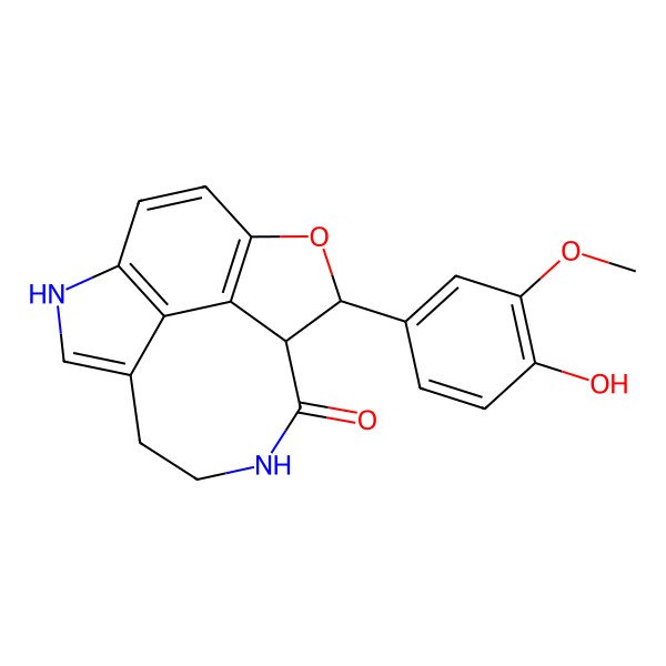 2D Structure of 3-(4-Hydroxy-3-methoxyphenyl)-2-oxa-6,11-diazatetracyclo[7.5.2.04,15.012,16]hexadeca-1(15),9,12(16),13-tetraen-5-one
