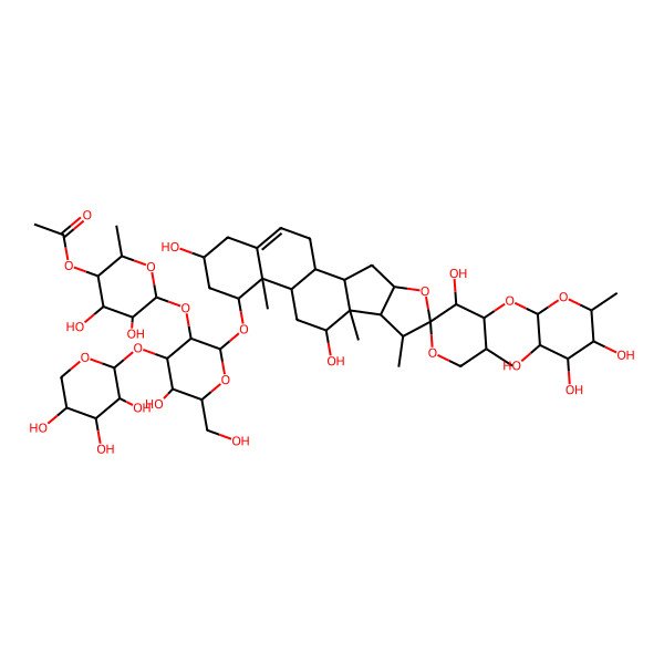 2D Structure of [(2S,3R,4R,5R,6S)-4,5-dihydroxy-6-[(2R,3R,4S,5R,6R)-5-hydroxy-6-(hydroxymethyl)-4-[(2S,3R,4S,5R)-3,4,5-trihydroxyoxan-2-yl]oxy-2-[(1R,2S,3'S,4S,4'S,5'R,6S,7S,8R,9S,10R,12S,13R,14R,16R)-3',10,16-trihydroxy-5',7,9,13-tetramethyl-4'-[(2S,3R,4S,5R,6R)-3,4,5-trihydroxy-6-methyloxan-2-yl]oxyspiro[5-oxapentacyclo[10.8.0.02,9.04,8.013,18]icos-18-ene-6,2'-oxane]-14-yl]oxyoxan-3-yl]oxy-2-methyloxan-3-yl] acetate
