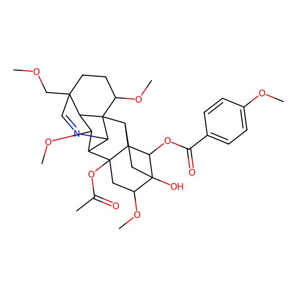 2D Structure of [(1S,2R,3R,4R,5S,6S,8R,9R,10R,13S,16S,17R,18R)-8-acetyloxy-5-hydroxy-6,16,18-trimethoxy-13-(methoxymethyl)-11-azahexacyclo[7.7.2.12,5.01,10.03,8.013,17]nonadec-11-en-4-yl] 4-methoxybenzoate