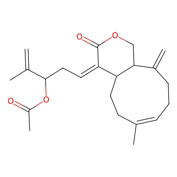 2D Structure of [(5E)-5-[(4aS,11aR)-7-methyl-11-methylidene-3-oxo-4a,5,6,9,10,11a-hexahydro-1H-cyclonona[c]pyran-4-ylidene]-2-methylpent-1-en-3-yl] acetate