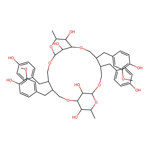 2D Structure of (1S,4R,5R,8R,10R,11R,12S,15R,16S,19R,21R,22R,23R,24R)-4,15-bis[(4-hydroxy-3-methoxyphenyl)methyl]-5,16-bis[(4-hydroxyphenyl)methyl]-10,21-dimethyl-2,7,9,13,18,20-hexaoxatricyclo[17.3.1.18,12]tetracosane-11,22,23,24-tetrol