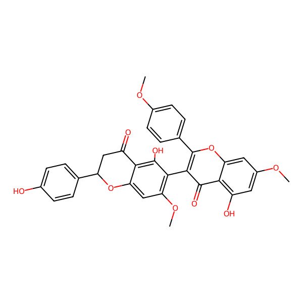 2D Structure of 5-hydroxy-3-[(2R)-5-hydroxy-2-(4-hydroxyphenyl)-7-methoxy-4-oxo-2,3-dihydrochromen-6-yl]-7-methoxy-2-(4-methoxyphenyl)chromen-4-one