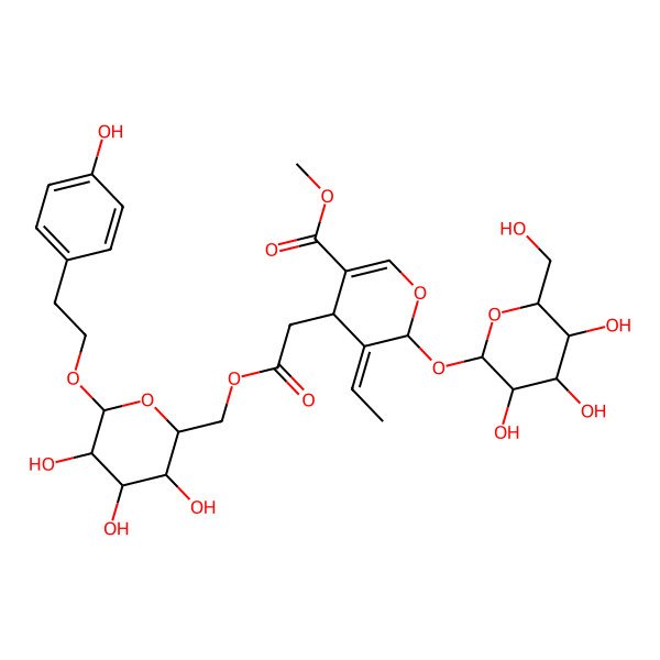 2D Structure of methyl (6S)-5-ethylidene-4-[2-oxo-2-[[(2R,3S,4S,5R,6R)-3,4,5-trihydroxy-6-[2-(4-hydroxyphenyl)ethoxy]oxan-2-yl]methoxy]ethyl]-6-[(2S,3R,4S,5S,6R)-3,4,5-trihydroxy-6-(hydroxymethyl)oxan-2-yl]oxy-4H-pyran-3-carboxylate