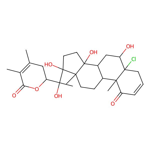 2D Structure of (2S)-2-[(1S)-1-[(5R,6R,8R,9R,10S,13S,14R,17S)-5-chloro-6,14,17-trihydroxy-10,13-dimethyl-1-oxo-6,7,8,9,11,12,15,16-octahydro-4H-cyclopenta[a]phenanthren-17-yl]-1-hydroxyethyl]-4,5-dimethyl-2,3-dihydropyran-6-one