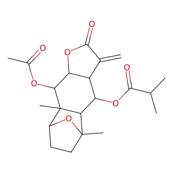 2D Structure of (3-Acetyloxy-2,11-dimethyl-7-methylidene-6-oxo-5,14-dioxatetracyclo[9.2.1.02,10.04,8]tetradecan-9-yl) 2-methylpropanoate