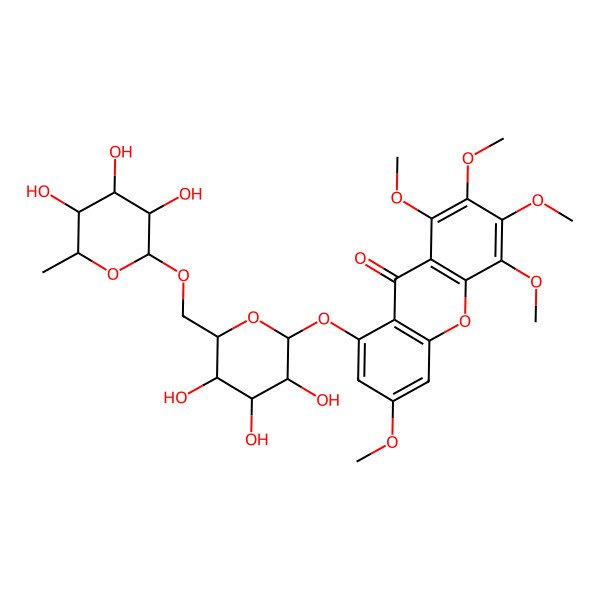 2D Structure of 1,2,3,4,6-Pentamethoxy-8-[3,4,5-trihydroxy-6-[(3,4,5-trihydroxy-6-methyloxan-2-yl)oxymethyl]oxan-2-yl]oxyxanthen-9-one
