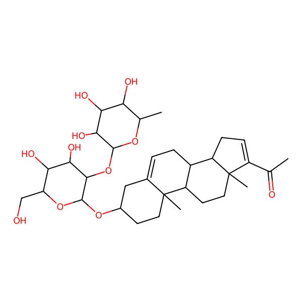 2D Structure of 1-[(3S,8R,9S,10R,13S,14S)-3-[(2R,3R,4S,5S,6R)-4,5-dihydroxy-6-(hydroxymethyl)-3-[(2S,3R,4R,5R,6S)-3,4,5-trihydroxy-6-methyloxan-2-yl]oxyoxan-2-yl]oxy-10,13-dimethyl-2,3,4,7,8,9,11,12,14,15-decahydro-1H-cyclopenta[a]phenanthren-17-yl]ethanone