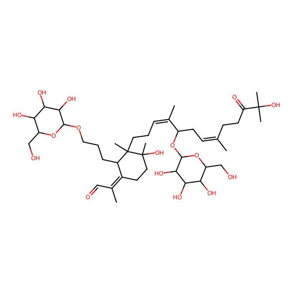 2D Structure of (2Z)-2-[(2S,3R,4S)-4-hydroxy-3-[(3E,5R,7E)-12-hydroxy-4,8,12-trimethyl-11-oxo-5-[(2S,3S,4R,5R,6S)-3,4,5-trihydroxy-6-(hydroxymethyl)oxan-2-yl]oxytrideca-3,7-dienyl]-3,4-dimethyl-2-[3-[(2S,3S,4R,5R,6S)-3,4,5-trihydroxy-6-(hydroxymethyl)oxan-2-yl]oxypropyl]cyclohexylidene]propanal