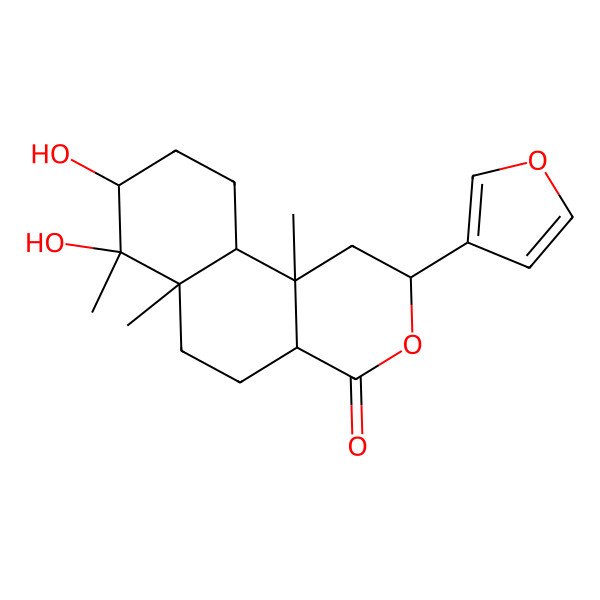 2D Structure of NCGC00380451-01_C20H28O5_2-(3-Furyl)-7,8-dihydroxy-6a,7,10b-trimethyldodecahydro-4H-benzo[f]isochromen-4-one