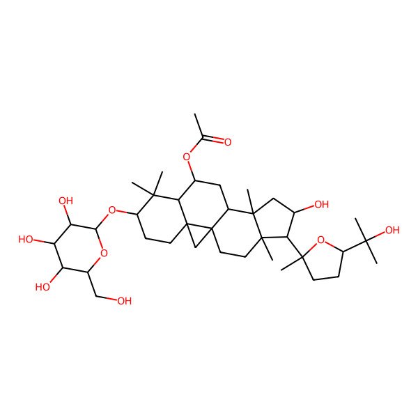 2D Structure of [(1S,3R,6S,8R,9S,11S,12S,14S,15R,16R)-14-hydroxy-15-[(2R,5S)-5-(2-hydroxypropan-2-yl)-2-methyloxolan-2-yl]-7,7,12,16-tetramethyl-6-[(2R,3R,4S,5S,6R)-3,4,5-trihydroxy-6-(hydroxymethyl)oxan-2-yl]oxy-9-pentacyclo[9.7.0.01,3.03,8.012,16]octadecanyl] acetate