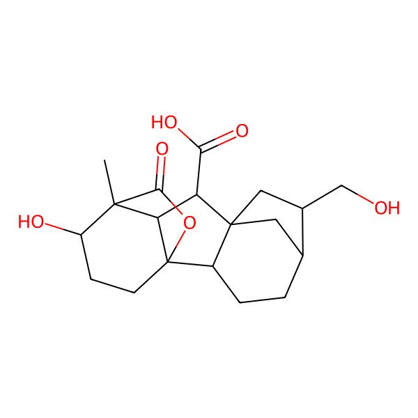 2D Structure of (1R,2R,5R,6R,8R,9S,10R,11S,12S)-12-hydroxy-6-(hydroxymethyl)-11-methyl-16-oxo-15-oxapentacyclo[9.3.2.15,8.01,10.02,8]heptadecane-9-carboxylic acid