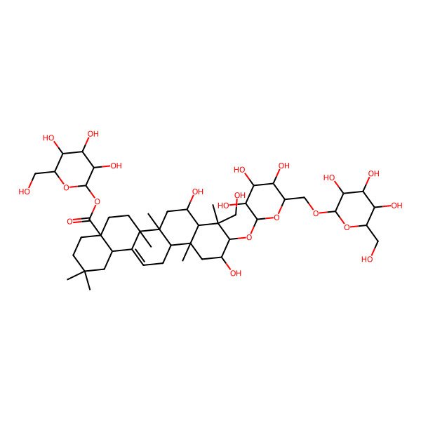 2D Structure of [3,4,5-Trihydroxy-6-(hydroxymethyl)oxan-2-yl] 8,11-dihydroxy-9-(hydroxymethyl)-2,2,6a,6b,9,12a-hexamethyl-10-[3,4,5-trihydroxy-6-[[3,4,5-trihydroxy-6-(hydroxymethyl)oxan-2-yl]oxymethyl]oxan-2-yl]oxy-1,3,4,5,6,6a,7,8,8a,10,11,12,13,14b-tetradecahydropicene-4a-carboxylate
