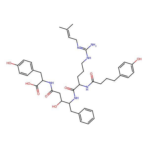 2D Structure of 2-[[3-hydroxy-4-[[2-[4-(4-hydroxyphenyl)butanoylamino]-5-[[N'-(3-methylbut-2-enyl)carbamimidoyl]amino]pentanoyl]amino]-5-phenylpentanoyl]amino]-3-(4-hydroxyphenyl)propanoic acid