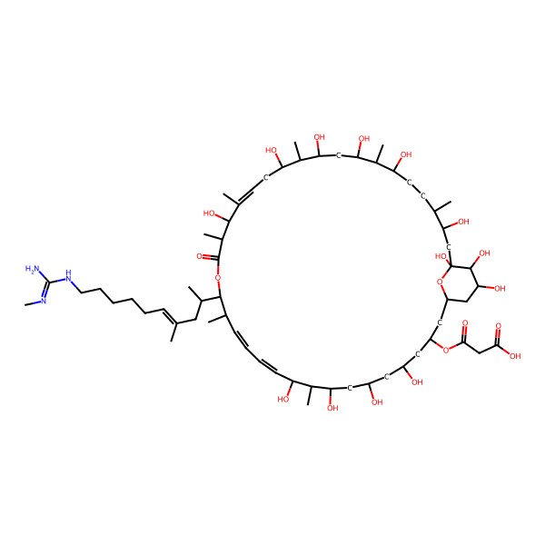 2D Structure of 3-oxo-3-[[(12E,14Z,22Z)-5,7,9,11,21,25,27,29,31,35,37,38,39-tridecahydroxy-10,16,20,22,26,30,34-heptamethyl-17-[(E)-4-methyl-10-[(N'-methylcarbamimidoyl)amino]dec-4-en-2-yl]-19-oxo-18,41-dioxabicyclo[35.3.1]hentetraconta-12,14,22-trien-3-yl]oxy]propanoic acid