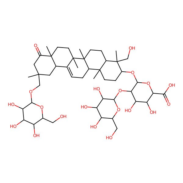 2D Structure of (2S,3S,4S,5R,6R)-6-[[(3S,4S,4aR,6aR,6bS,8aR,11R,12aS,14aR,14bR)-4-(hydroxymethyl)-4,6a,6b,8a,11,14b-hexamethyl-9-oxo-11-[[(2R,3R,4S,5S,6R)-3,4,5-trihydroxy-6-(hydroxymethyl)oxan-2-yl]oxymethyl]-2,3,4a,5,6,7,8,10,12,12a,14,14a-dodecahydro-1H-picen-3-yl]oxy]-3,4-dihydroxy-5-[(2S,3R,4S,5R,6R)-3,4,5-trihydroxy-6-(hydroxymethyl)oxan-2-yl]oxyoxane-2-carboxylic acid