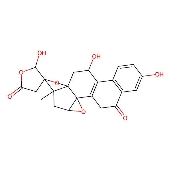 2D Structure of (2R,4S,5'S,6S,7S,10S,12S)-5',12,17-trihydroxy-6-methylspiro[3,8-dioxahexacyclo[11.8.0.02,4.02,10.06,10.014,19]henicosa-1(13),14(19),15,17-tetraene-7,4'-oxolane]-2',20-dione