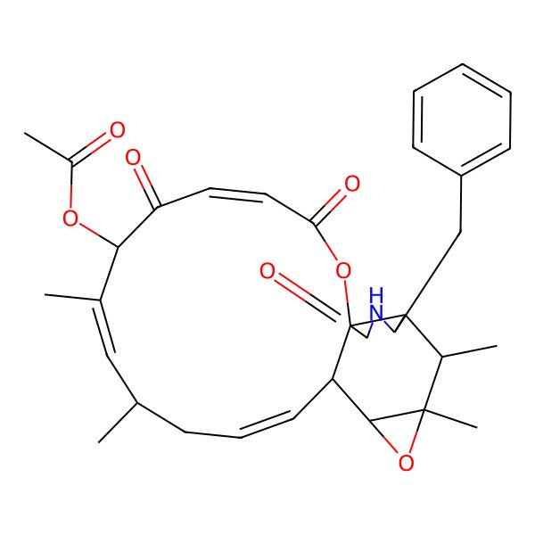 2D Structure of [(1S,4E,7R,8E,10S,12E,14S,15S,17R,18S,19S,20S)-20-benzyl-8,10,17,18-tetramethyl-3,6,22-trioxo-2,16-dioxa-21-azatetracyclo[12.8.0.01,19.015,17]docosa-4,8,12-trien-7-yl] acetate