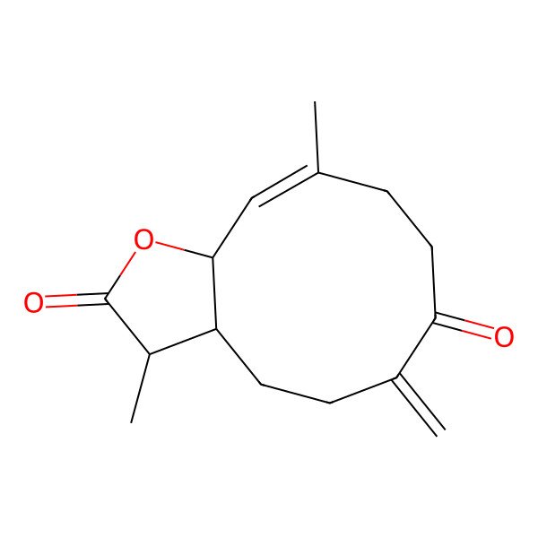 2D Structure of (3R,3aS,10E,11aS)-3,10-dimethyl-6-methylidene-3a,4,5,8,9,11a-hexahydro-3H-cyclodeca[b]furan-2,7-dione