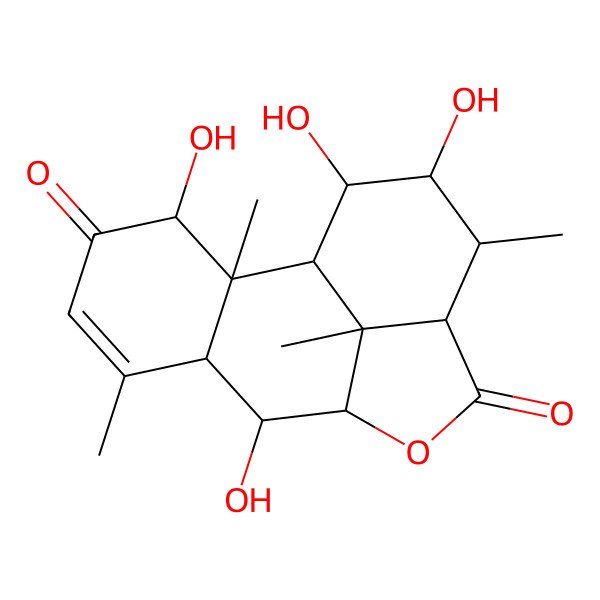 2D Structure of 3,8,14,15-Tetrahydroxy-2,6,13,16-tetramethyl-10-oxatetracyclo[7.6.1.02,7.012,16]hexadec-5-ene-4,11-dione