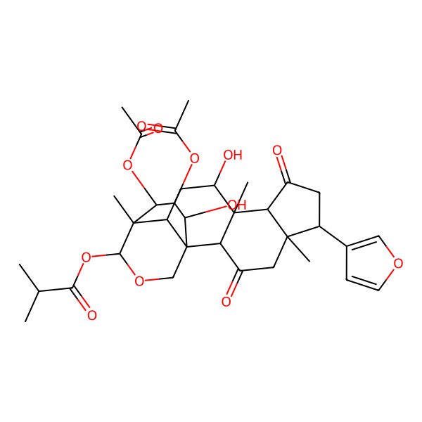 2D Structure of [(1S,2S,5S,6R,9R,10S,11R,13R,14R,15S,18R,19R,20S)-19,20-diacetyloxy-6-(furan-3-yl)-11,18-dihydroxy-5,10,14-trimethyl-3,8-dioxo-16-oxapentacyclo[12.3.3.01,13.02,10.05,9]icosan-15-yl] 2-methylpropanoate