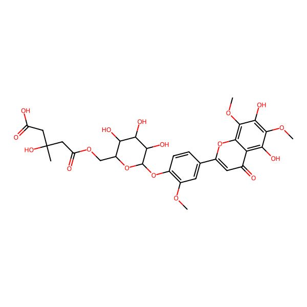 2D Structure of (3S)-5-[[(2R,3S,4S,5R,6S)-6-[4-(5,7-dihydroxy-6,8-dimethoxy-4-oxochromen-2-yl)-2-methoxyphenoxy]-3,4,5-trihydroxyoxan-2-yl]methoxy]-3-hydroxy-3-methyl-5-oxopentanoic acid