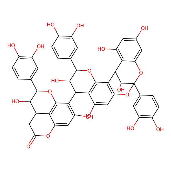 2D Structure of 10-[5,13-Bis(3,4-dihydroxyphenyl)-6,9,17,19,21-pentahydroxy-4,12,14-trioxapentacyclo[11.7.1.02,11.03,8.015,20]henicosa-2(11),3(8),9,15,17,19-hexaen-7-yl]-7-(3,4-dihydroxyphenyl)-6,11-dihydroxy-2,8-dioxatricyclo[7.3.1.05,13]trideca-1(13),9,11-trien-3-one