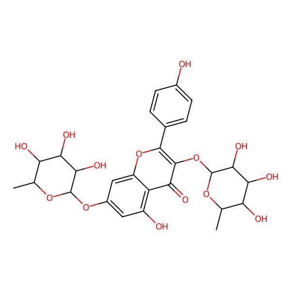 2D Structure of 5-hydroxy-2-(4-hydroxyphenyl)-7-[(2S,3S,4S,5R,6S)-3,4,5-trihydroxy-6-methyloxan-2-yl]oxy-3-[(2S,3S,4R,5R,6S)-3,4,5-trihydroxy-6-methyloxan-2-yl]oxychromen-4-one