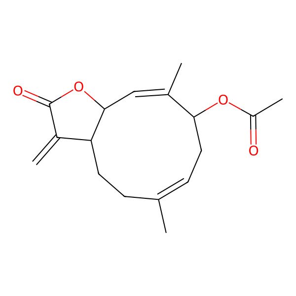 2D Structure of [(3aS,6E,9S,10E,11aR)-6,10-dimethyl-3-methylidene-2-oxo-3a,4,5,8,9,11a-hexahydrocyclodeca[b]furan-9-yl] acetate