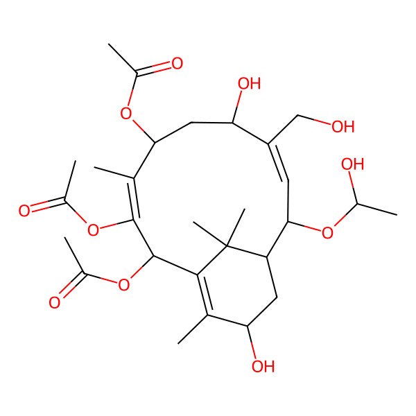 2D Structure of [2,3-Diacetyloxy-7,13-dihydroxy-10-(1-hydroxyethoxy)-8-(hydroxymethyl)-4,14,15,15-tetramethyl-5-bicyclo[9.3.1]pentadeca-1(14),3,8-trienyl] acetate