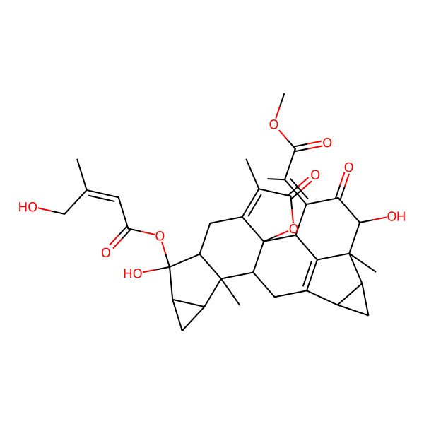 2D Structure of [(1R,8R,9R,10S,12R,13R,14S,17S,19R,20S,21R,23Z)-9,21-dihydroxy-23-(1-methoxy-1-oxopropan-2-ylidene)-5,13,20-trimethyl-4,22-dioxo-3-oxaoctacyclo[14.7.1.02,6.02,14.08,13.010,12.017,19.020,24]tetracosa-5,16(24)-dien-9-yl] (E)-4-hydroxy-3-methylbut-2-enoate