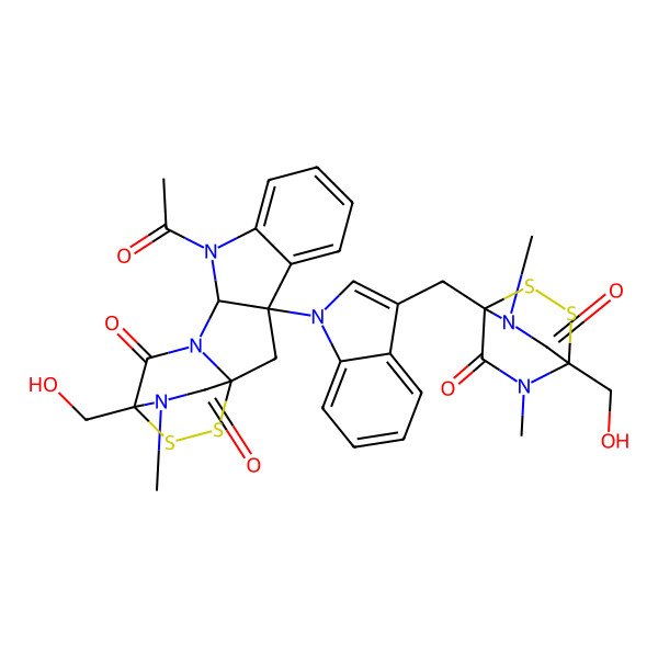 2D Structure of 10-Acetyl-14-(hydroxymethyl)-3-[3-[[4-(hydroxymethyl)-5,7-dimethyl-6,8-dioxo-2,3-dithia-5,7-diazabicyclo[2.2.2]octan-1-yl]methyl]indol-1-yl]-18-methyl-15,16-dithia-10,12,18-triazapentacyclo[12.2.2.01,12.03,11.04,9]octadeca-4,6,8-triene-13,17-dione