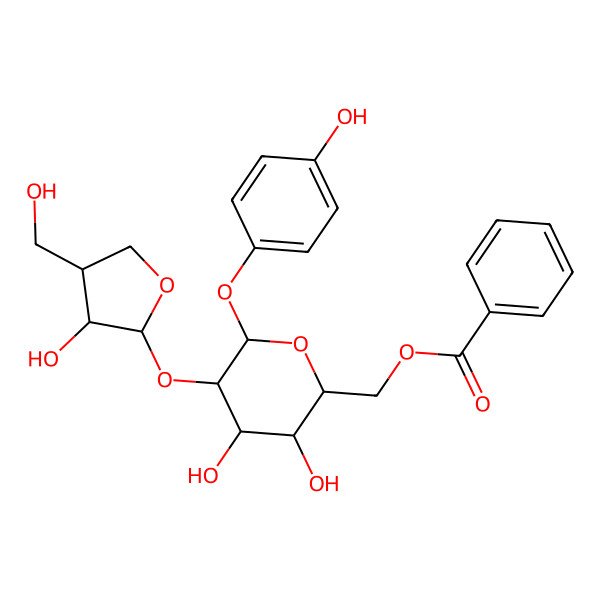 2D Structure of [(2R,3S,4S,5R,6S)-3,4-dihydroxy-5-[(2S,3R,4S)-3-hydroxy-4-(hydroxymethyl)oxolan-2-yl]oxy-6-(4-hydroxyphenoxy)oxan-2-yl]methyl benzoate