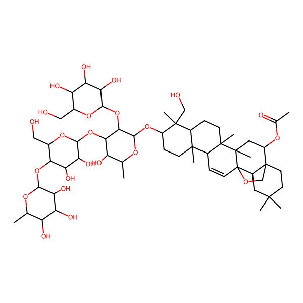 2D Structure of [(1S,2S,4S,5R,8R,9R,10S,13S,14R,17S,18R)-10-[(2R,3R,4S,5S,6R)-4-[(2S,3R,4R,5S,6R)-3,4-dihydroxy-6-(hydroxymethyl)-5-[(2S,3R,4R,5R,6S)-3,4,5-trihydroxy-6-methyloxan-2-yl]oxyoxan-2-yl]oxy-5-hydroxy-6-methyl-3-[(2S,3R,4S,5S,6R)-3,4,5-trihydroxy-6-(hydroxymethyl)oxan-2-yl]oxyoxan-2-yl]oxy-9-(hydroxymethyl)-4,5,9,13,20,20-hexamethyl-24-oxahexacyclo[15.5.2.01,18.04,17.05,14.08,13]tetracos-15-en-2-yl] acetate