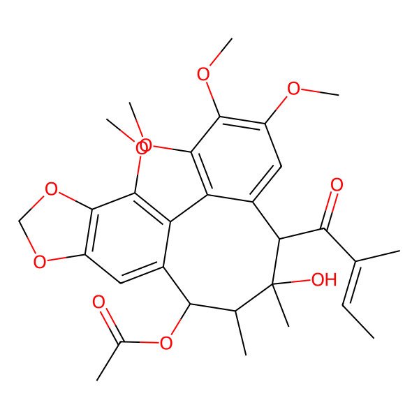 2D Structure of [9-Hydroxy-3,4,5,19-tetramethoxy-9,10-dimethyl-8-(2-methylbut-2-enoyl)-15,17-dioxatetracyclo[10.7.0.02,7.014,18]nonadeca-1(19),2,4,6,12,14(18)-hexaen-11-yl] acetate