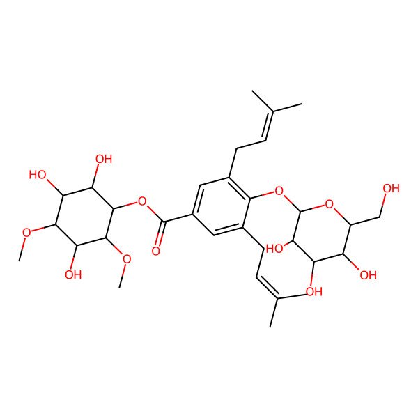 2D Structure of [(1S,2R,3R,4S,5S,6S)-2,3,5-trihydroxy-4,6-dimethoxycyclohexyl] 3,5-bis(3-methylbut-2-enyl)-4-[(2S,3R,4S,5S,6R)-3,4,5-trihydroxy-6-(hydroxymethyl)oxan-2-yl]oxybenzoate