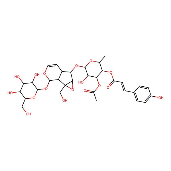2D Structure of [(2S,3S,4S,5R,6S)-4-acetyloxy-5-hydroxy-6-[[(1S,2S,4S,5S,6S,10S)-2-(hydroxymethyl)-10-[(2S,3R,4S,5S,6R)-3,4,5-trihydroxy-6-(hydroxymethyl)oxan-2-yl]oxy-3,9-dioxatricyclo[4.4.0.02,4]dec-7-en-5-yl]oxy]-2-methyloxan-3-yl] (E)-3-(4-hydroxyphenyl)prop-2-enoate