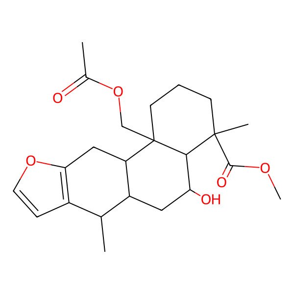 2D Structure of methyl (4S,4aR,5R,6aS,7R,11aS,11bS)-11b-(acetyloxymethyl)-5-hydroxy-4,7-dimethyl-1,2,3,4a,5,6,6a,7,11,11a-decahydronaphtho[2,1-f][1]benzofuran-4-carboxylate