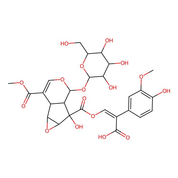 2D Structure of 3-[5-Hydroxy-10-methoxycarbonyl-7-[3,4,5-trihydroxy-6-(hydroxymethyl)oxan-2-yl]oxy-3,8-dioxatricyclo[4.4.0.02,4]dec-9-ene-5-carbonyl]oxy-2-(4-hydroxy-3-methoxyphenyl)prop-2-enoic acid