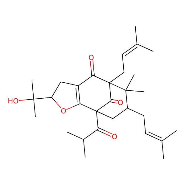 2D Structure of (1R,4S,8S,10S)-4-(2-hydroxypropan-2-yl)-9,9-dimethyl-8,10-bis(3-methylbut-2-enyl)-1-(2-methylpropanoyl)-3-oxatricyclo[6.3.1.02,6]dodec-2(6)-ene-7,12-dione