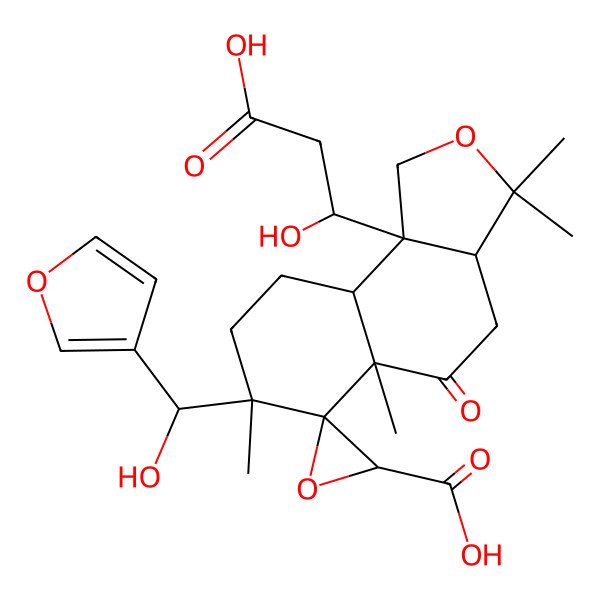 2D Structure of 9b-(2-Carboxy-1-hydroxyethyl)-7-[furan-3-yl(hydroxy)methyl]-3,3,5a,7-tetramethyl-5-oxospiro[1,3a,4,8,9,9a-hexahydrobenzo[e][2]benzofuran-6,3'-oxirane]-2'-carboxylic acid