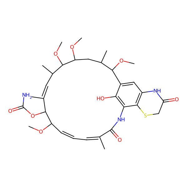 2D Structure of [(2R,3S,5S,6R,7S,8E,10S,11S,12Z,14E)-26-hydroxy-2,5,6,11-tetramethoxy-3,7,9,15-tetramethyl-16,22-dioxo-20-thia-17,23-diazatricyclo[16.7.1.019,24]hexacosa-1(25),8,12,14,18(26),19(24)-hexaen-10-yl] carbamate
